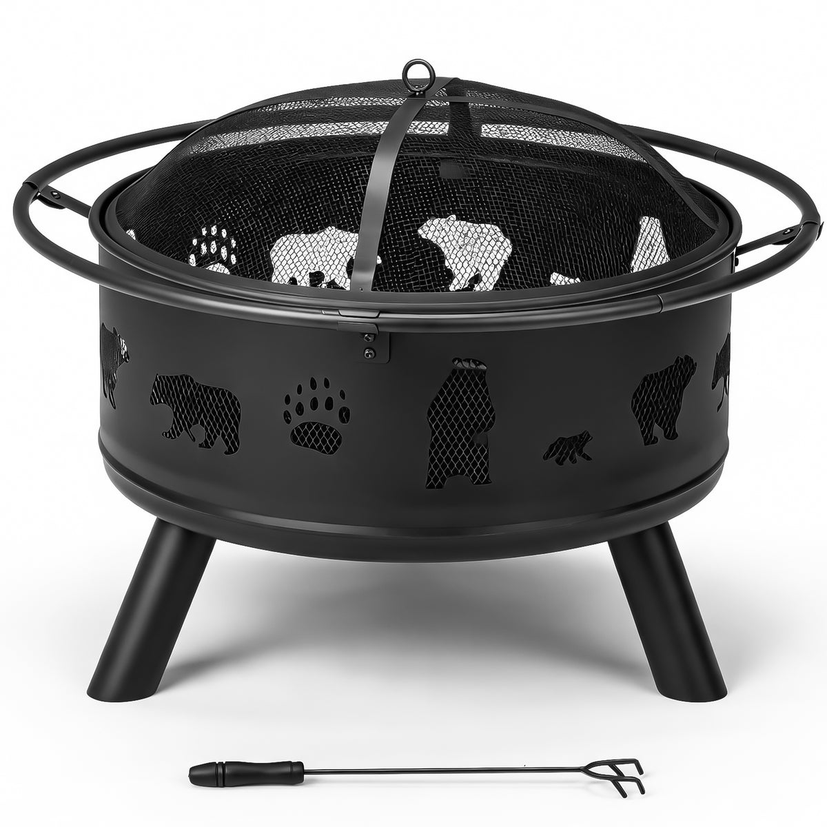 30 Inch Round Outdoor Wood Burning Fire Pit, Heavy Duty Wrought Iron Firepit with Hinged Spark Screen Lid & Lift Ring, Decorative Bear Cutout Patio Fire Pit for Backyard, Garden, Lawn and Camping, Bla