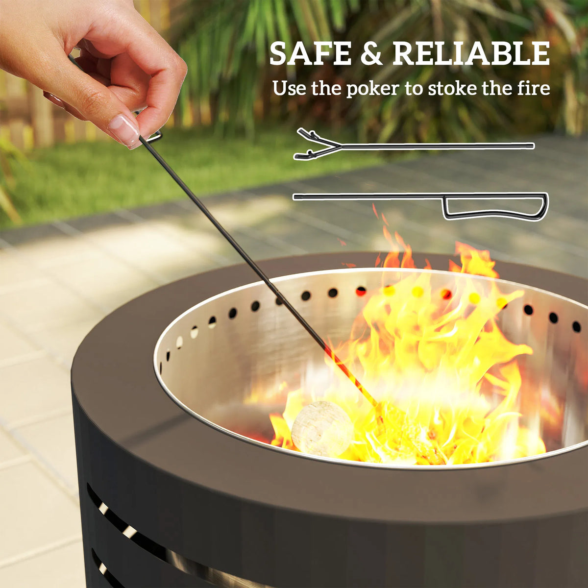 Round Fire Pit with Fire Poker, Portable Wood Burning Firepit with Ash Tray and Hairpin Legs, Outdoor Fireplace, Black — view 2