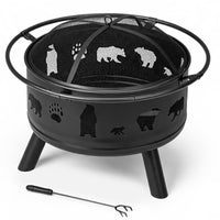 30 Inch Round Outdoor Wood Burning Fire Pit, Heavy Duty Wrought Iron Firepit with Hinged Spark Screen Lid & Lift Ring, Decorative Bear Cutout Patio Fire Pit for Backyard, Garden, Lawn and Camping, Bla — view 2
