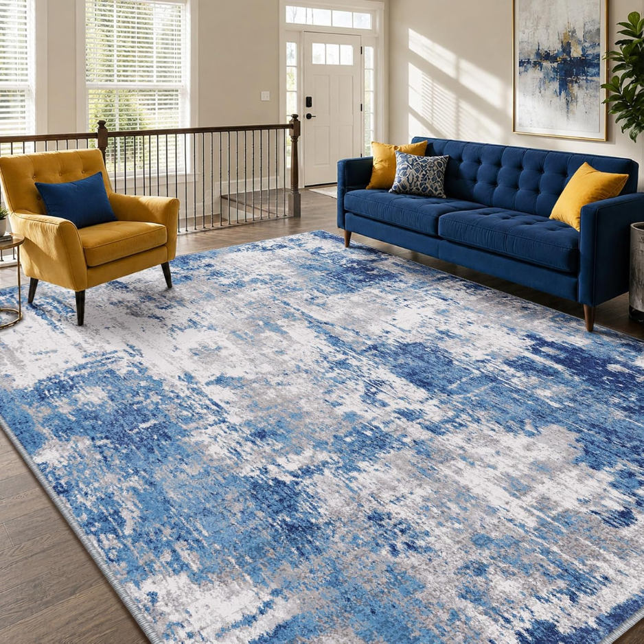 Washable 5x7 Abstract Area Rug For Living Room Blue Gray Carpet For Bedroom, Kitchen, Office, Hallway And Entryway, Printed Pattern
