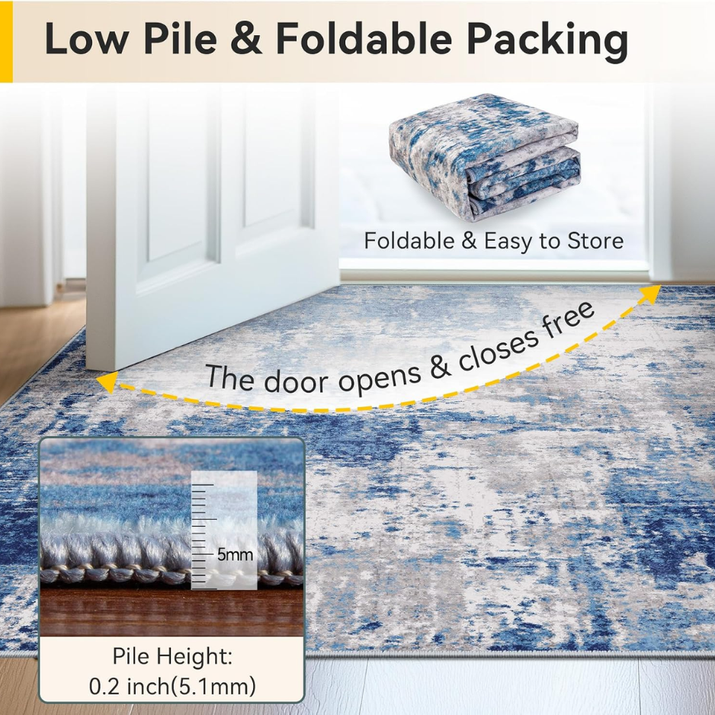 Washable 5x7 Abstract Area Rug For Living Room Blue Gray Carpet For Bedroom, Kitchen, Office, Hallway And Entryway, Printed Pattern — view 4