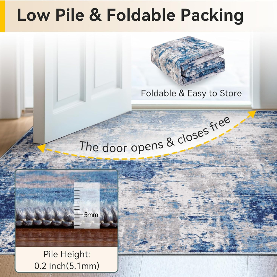 Washable 5x7 Abstract Area Rug For Living Room Blue Gray Carpet For Bedroom, Kitchen, Office, Hallway And Entryway, Printed Pattern — view 4