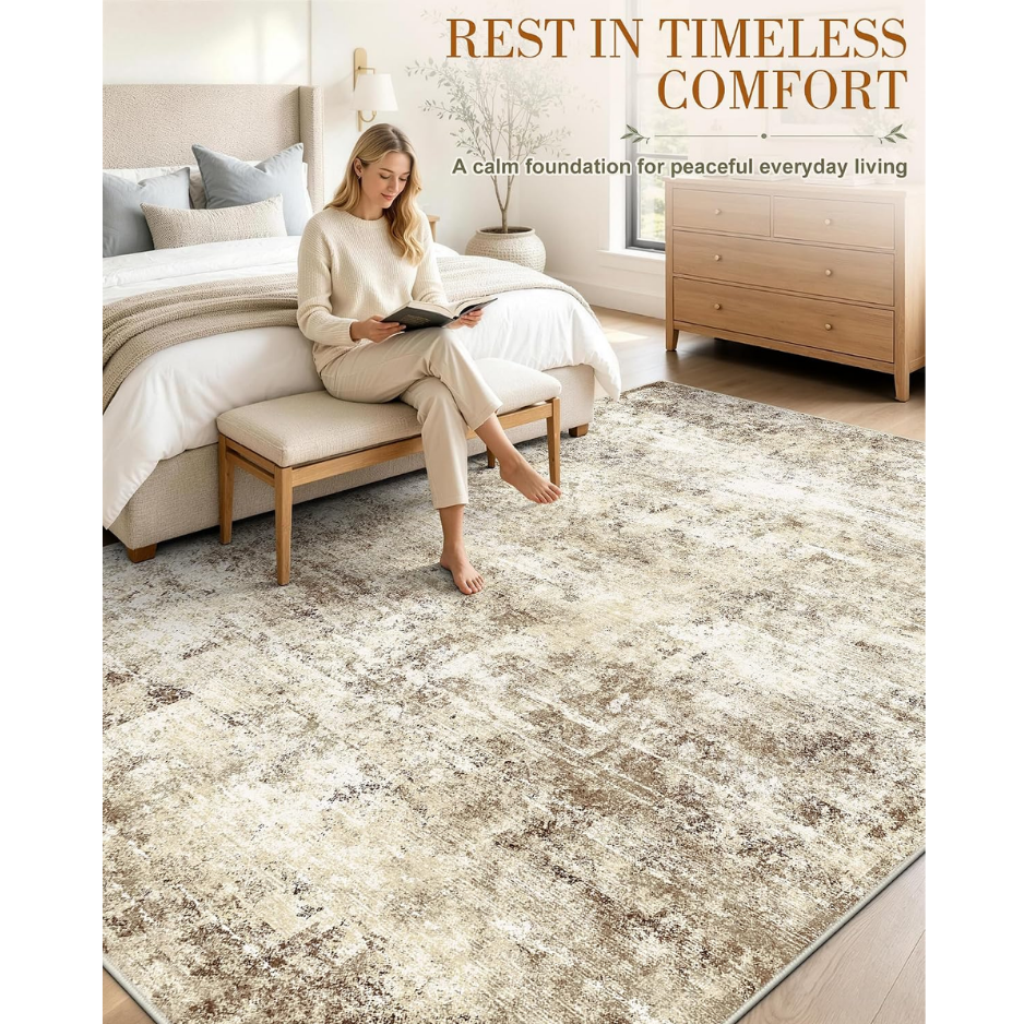 5x7 Washable Area Rug, Soft Non Slip Carpet For Bedroom Living Room Beige Distressed Abstract Modern Farmhouse Rug, Spill Stain Resistant Low — view 5