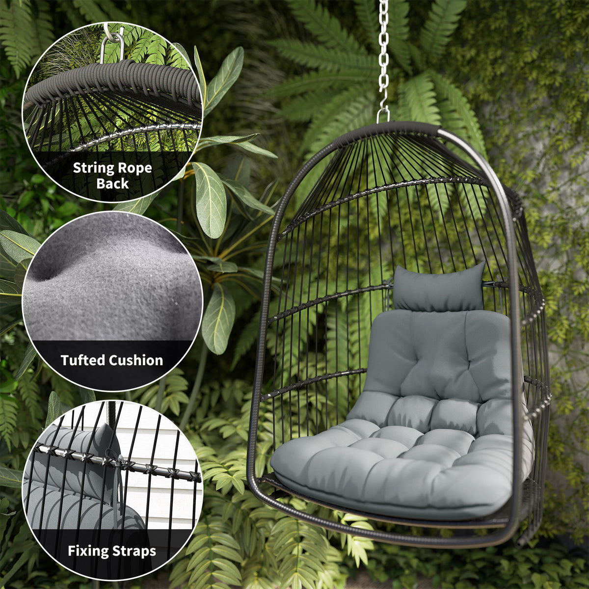 Hanging Egg Chair,Foldable Rattan Garden Swing Chair With Installation Kit,Thickened Cushion And Headrest,Indoor Outdoor Hanging Egg Basket Seat For Patio,Porch,Dark Grey — view 2