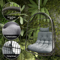 Hanging Egg Chair,Foldable Rattan Garden Swing Chair With Installation Kit,Thickened Cushion And Headrest,Indoor Outdoor Hanging Egg Basket Seat For Patio,Porch,Dark Grey — view 2