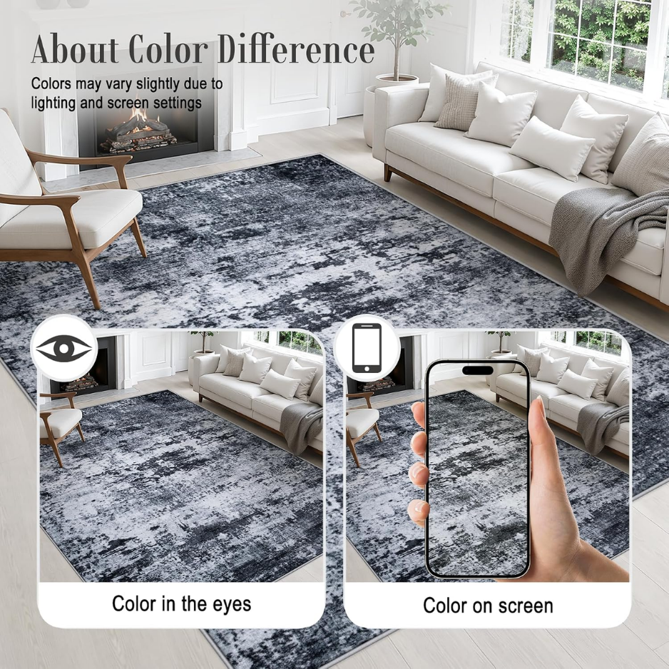 5x7 Area Rug Living Room Modern Washable Indoor Carpet Black For Bedroom Dining Room Farmhouse Nursery Hallway Office,Modern Abstract,Machine — view 2