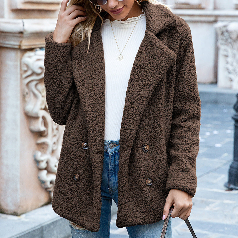 Women’s Fluffy Lapel Winter Coat – Loose Buttoned Cardigan Jacket