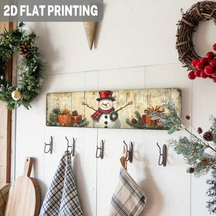 Rustic Christmas Snowman Metal Sign With Presents, Holiday Wall Art Decor — view 5