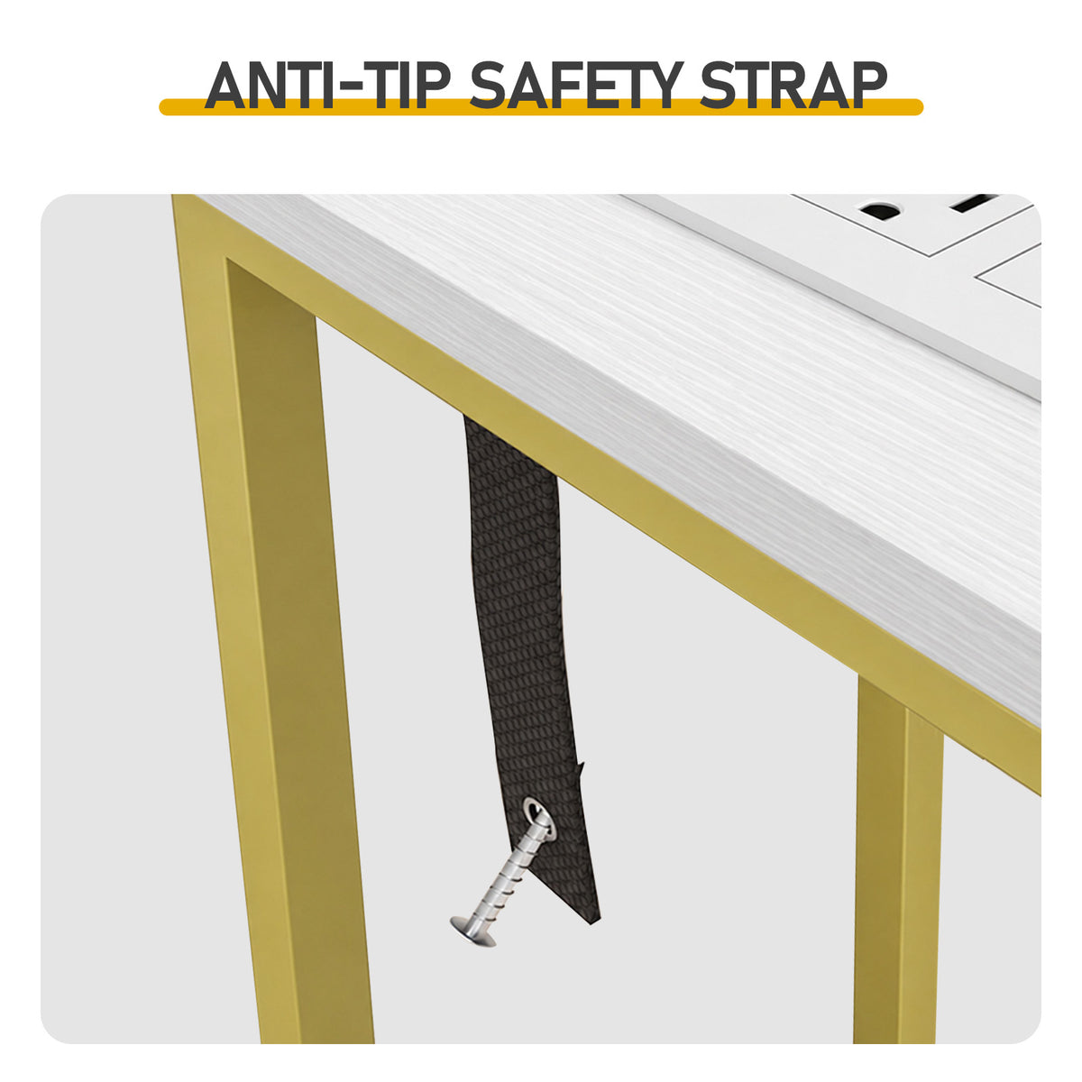 62.99"x7.87"x31.10" Console Table, MDF with Melamine Veneer & Iron Frame, with Power Outlet, White & Gold — view 6
