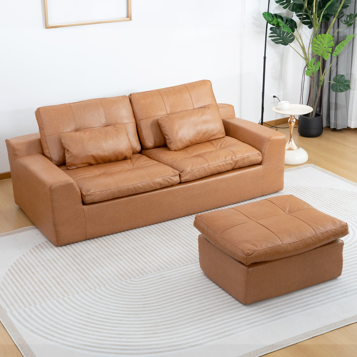 Faux Leather L-Shaped Sectional Sofa With Movable Ottoman High Density Compressed Sponge Modular 2-Seater Upholstered Couch With Throw Pillows For Living Room Hotel Apartment