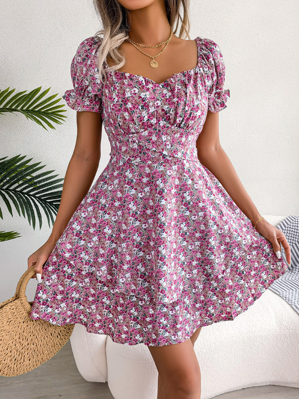 Women’s Floral Mini Dress – High Waist Summer Swing Dress with Short Sleeves