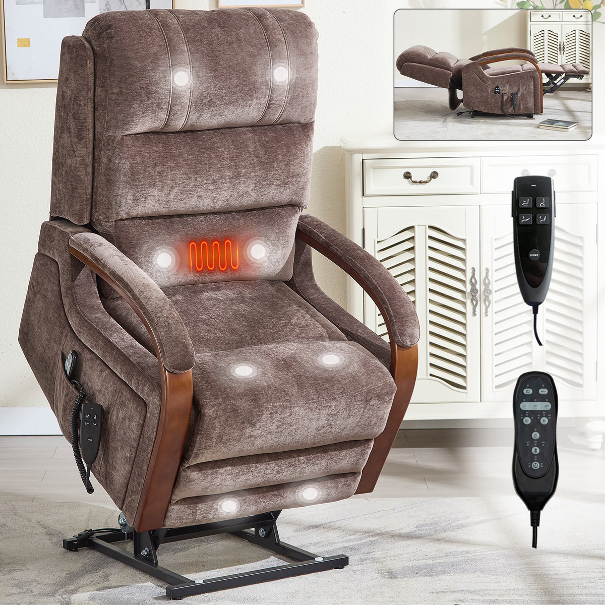 Lift Recliner Chair Dual Motor Infinite Position Up to 350 LBS with Solid Wood Armrests, Heat Massage and Heavy Duty Motion Mechanism — view 3