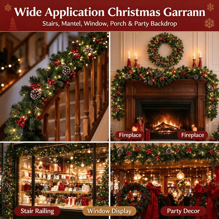Christmas Green Vine with String Lights Combo, 2.7m Artificial Garland Vine + 10m Light String, for Mantel, Stair Railing & Window Holiday Decor — view 5