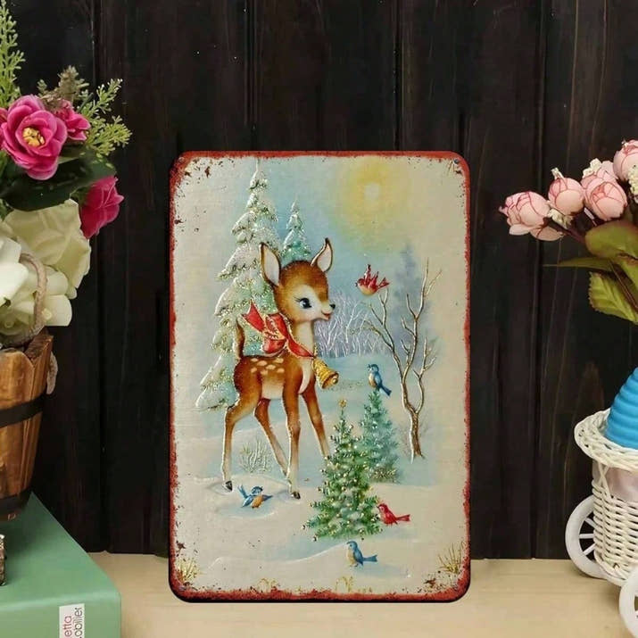 Rustic Iron Metal Wall Sign, Winter Reindeer Snowy Woods Christmas Wall Art