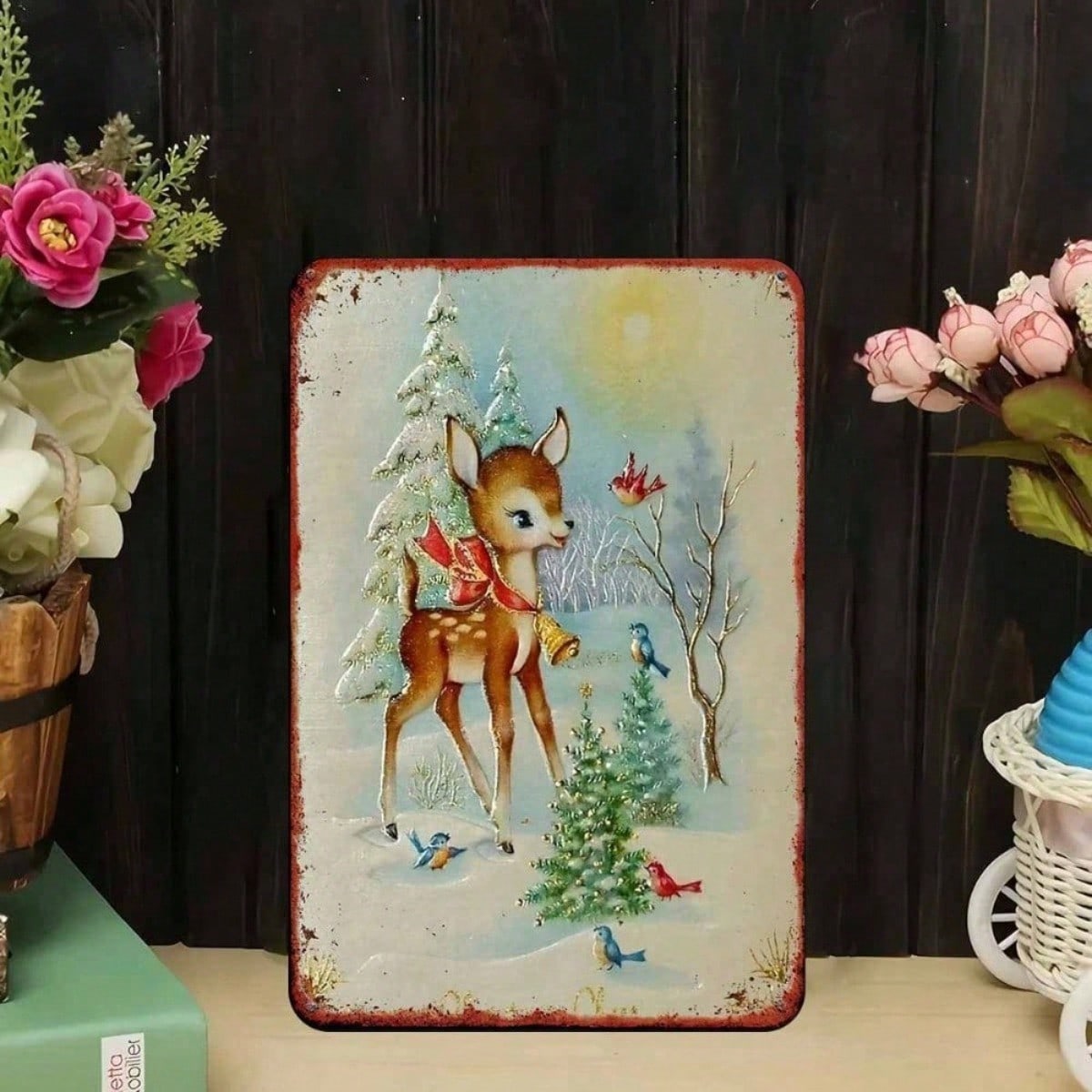 Rustic Iron Metal Wall Sign, Winter Reindeer Snowy Woods Christmas Wall Art