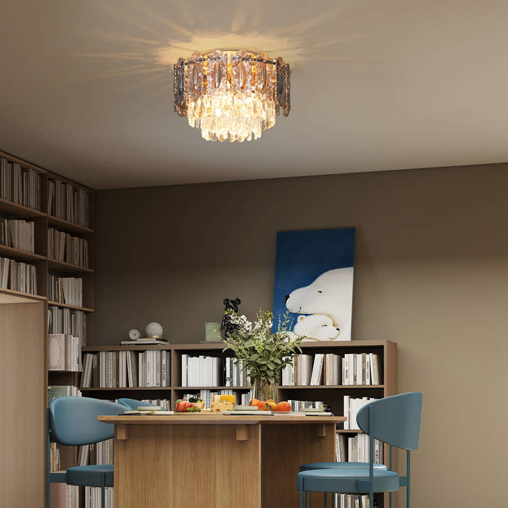 Chandelier Ceiling Light,3-Light Vintage Flush Mount Fixture With Dual Crystal And Smoke Glass Shade,LED Ceiling Light For Living Room Bedroom,3 E27 Sockets,Bulbs Not Included,Gold Tone — view 2