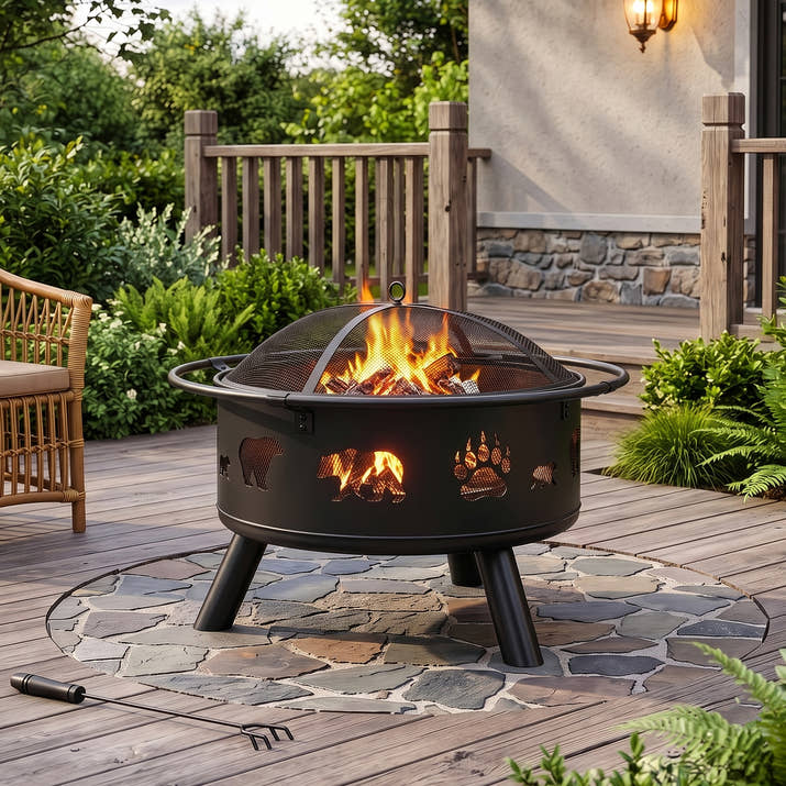 30 Inch Round Outdoor Wood Burning Fire Pit, Heavy Duty Wrought Iron Firepit with Hinged Spark Screen Lid & Lift Ring, Decorative Bear Cutout Patio Fire Pit for Backyard, Garden, Lawn and Camping, Bla — view 4