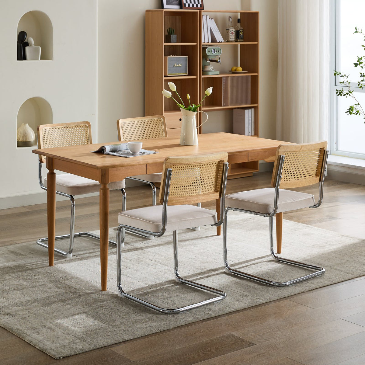 Mid Century Modern Dining Chairs Set of 2, Velvet Accent Chairs with Natural Cane Back & Stainless Chrome Base, Famous Breuer Designed Chairs, Upholstered Rattan Kitchen Chairs,Beige — view 4
