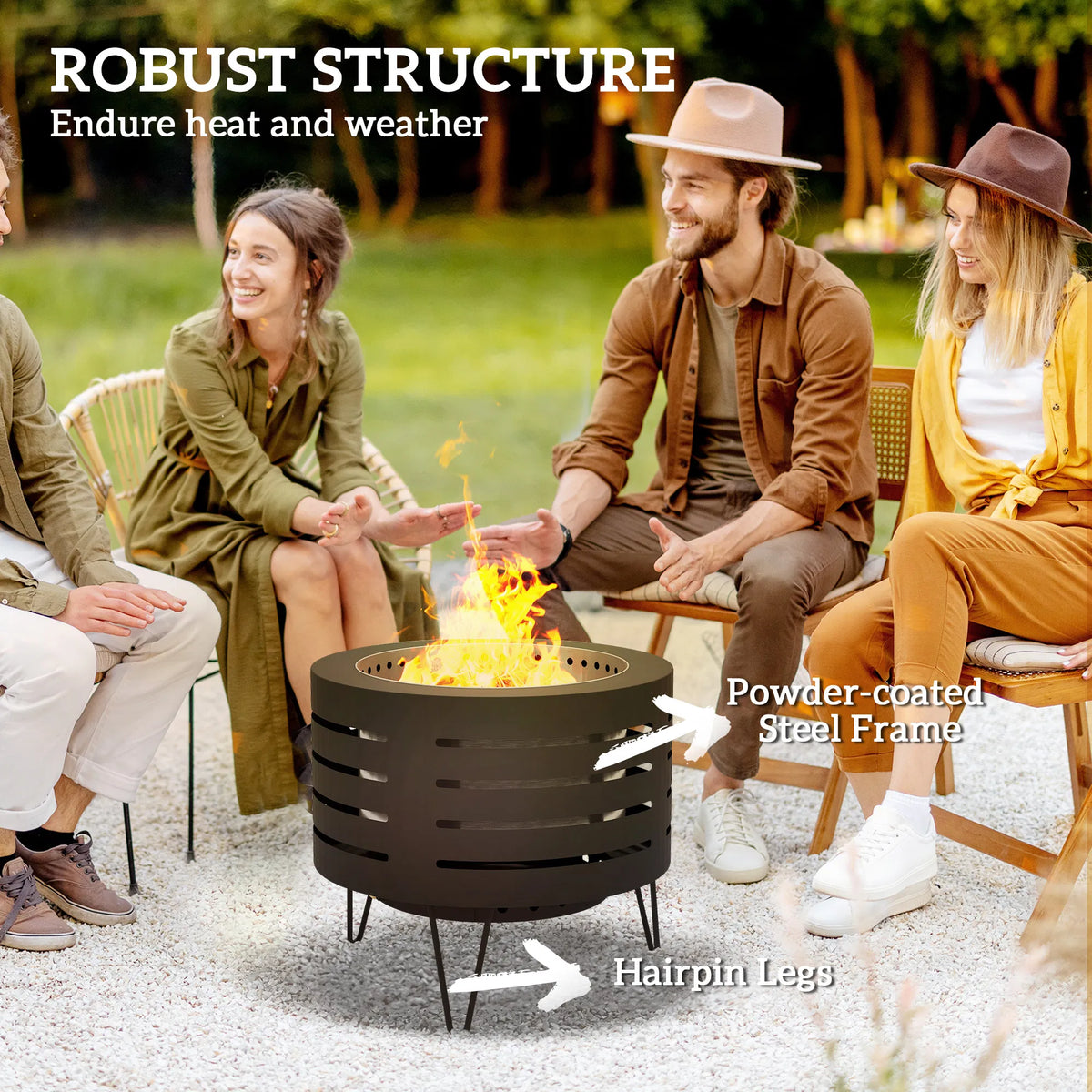 Round Fire Pit with Fire Poker, Portable Wood Burning Firepit with Ash Tray and Hairpin Legs, Outdoor Fireplace, Black — view 4