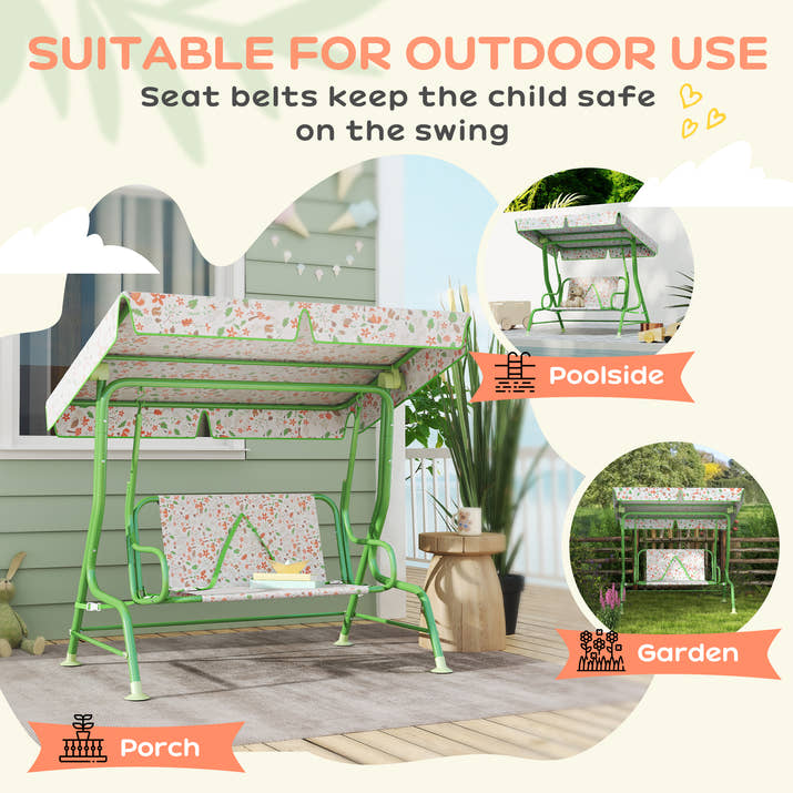 Kids Garden Swing Chair With Adjustable Canopy,Safety Belt,2 Seater Hammock Swing Bench For Patio,Porch,Green — view 2