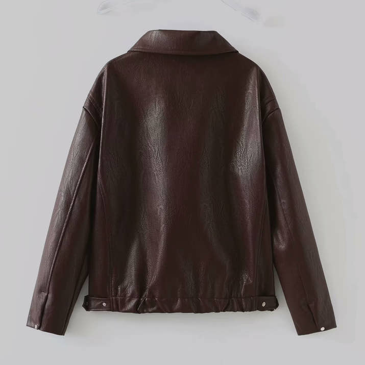 Lapel Zipper Leather Jacket — Casual Long Sleeve Coat