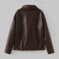 Lapel Zipper Leather Jacket — Casual Long Sleeve Coat