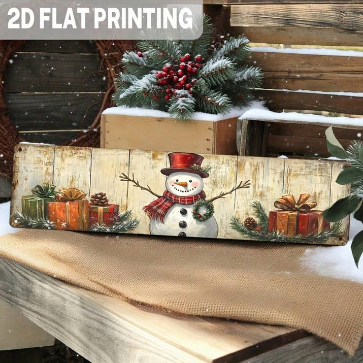 Rustic Christmas Snowman Metal Sign With Presents, Holiday Wall Art Decor