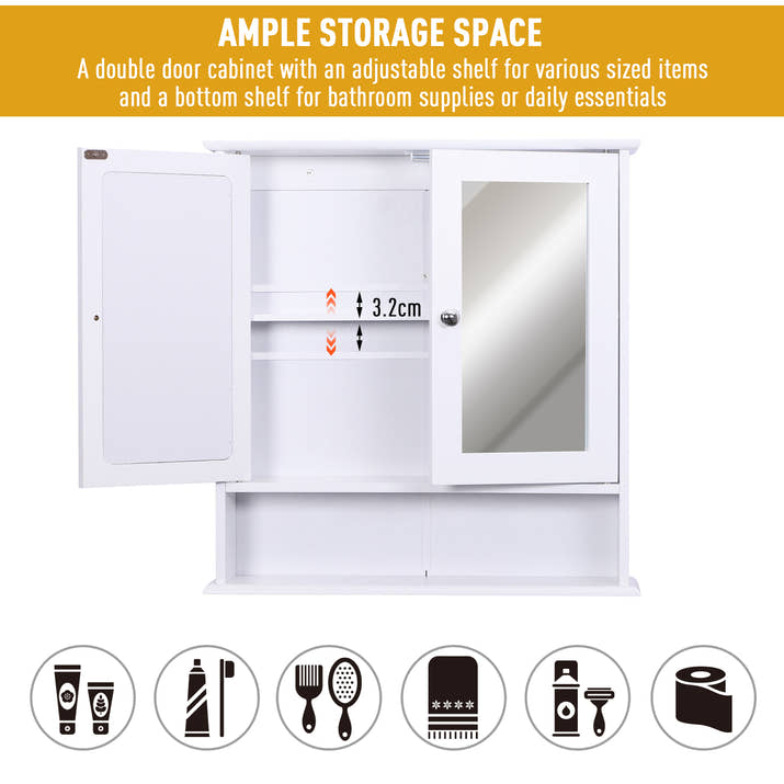 Kleankin Wall-mounted Bathroom Cabinet Mirror Door Organiser Storage Shelves Living Room White — view 5