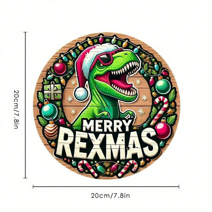 Christmas Dinosaur Round Metal Tin Sign, Retro Farmhouse Holiday Wall Art