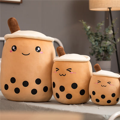 Boba Milk Tea Plush Pillow — Strawberry Fruit Drink Cushion