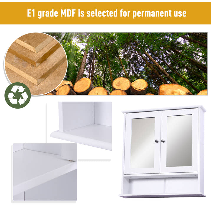 Kleankin Wall-mounted Bathroom Cabinet Mirror Door Organiser Storage Shelves Living Room White — view 3