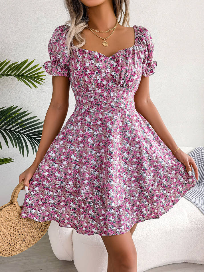 Floral Shirred Mini Dress — Short Sleeve Loose Hem Swing Dress