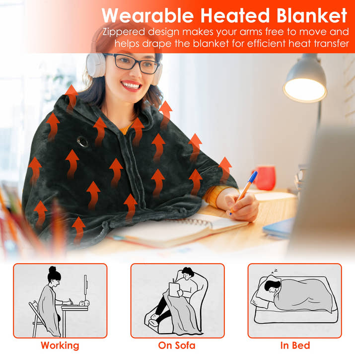 USB Heated Blanket Electric Heated Blanket Heated Poncho Shawl Wrap Throw with Zipper Washable for Home Office 59*31in — view 3