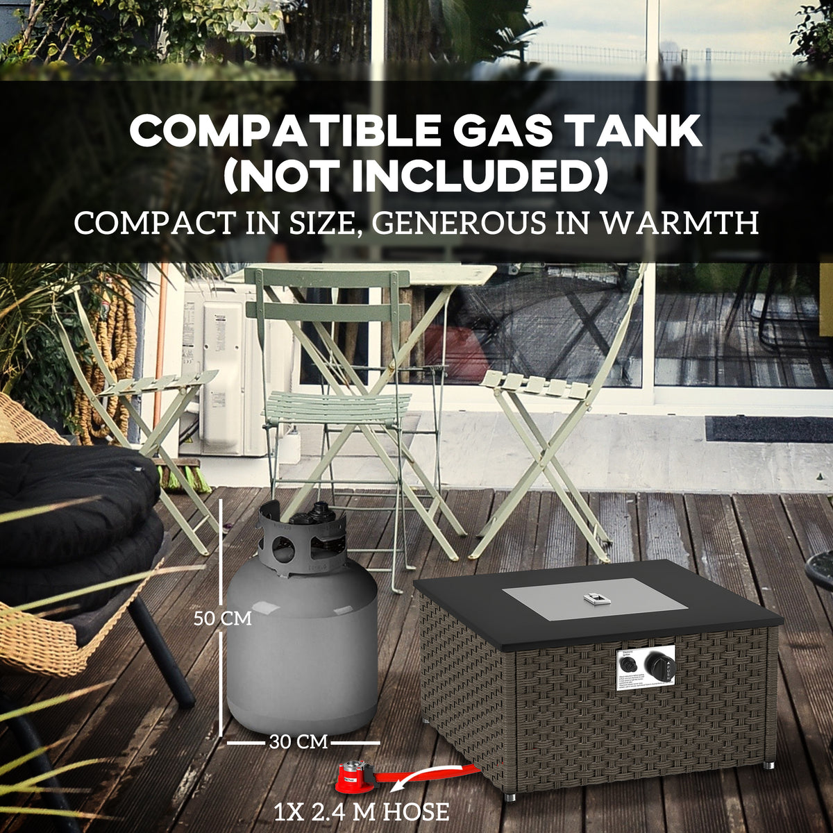 Rattan Gas Fire Pit Table For Garden,13 KW Smokeless Propane Fire Pit With Lid,Square Garden Coffee Table With Patio Heater For Outdoor,Patio,58 X 58 X 33 Cm,Grey — view 2