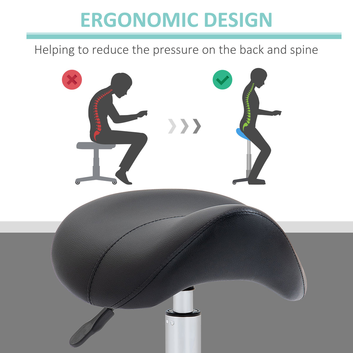 Cosmetic Stool 360Â° Rotate Height Adjustable Salon Massage Spa Chair Hydraulic Rolling Faux Leather Saddle Stool Mobility,Black — view 5