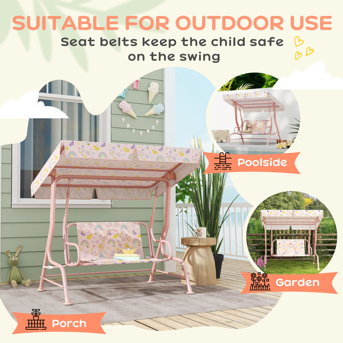 Kids Garden Swing Chair With Adjustable Canopy,Safety Belt,2 Seater Hammock Swing Bench For Patio,Porch,Pink