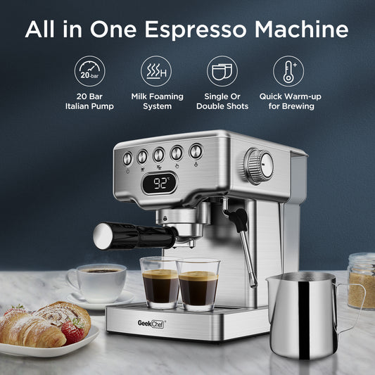 Geek Chef 20-Bar Espresso Machine with Milk Frother – 1.8 L Water Tank, Stainless Steel, Home Cappuccino & Latte Maker