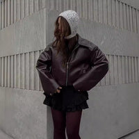 Lapel Zipper Leather Jacket — Casual Long Sleeve Coat