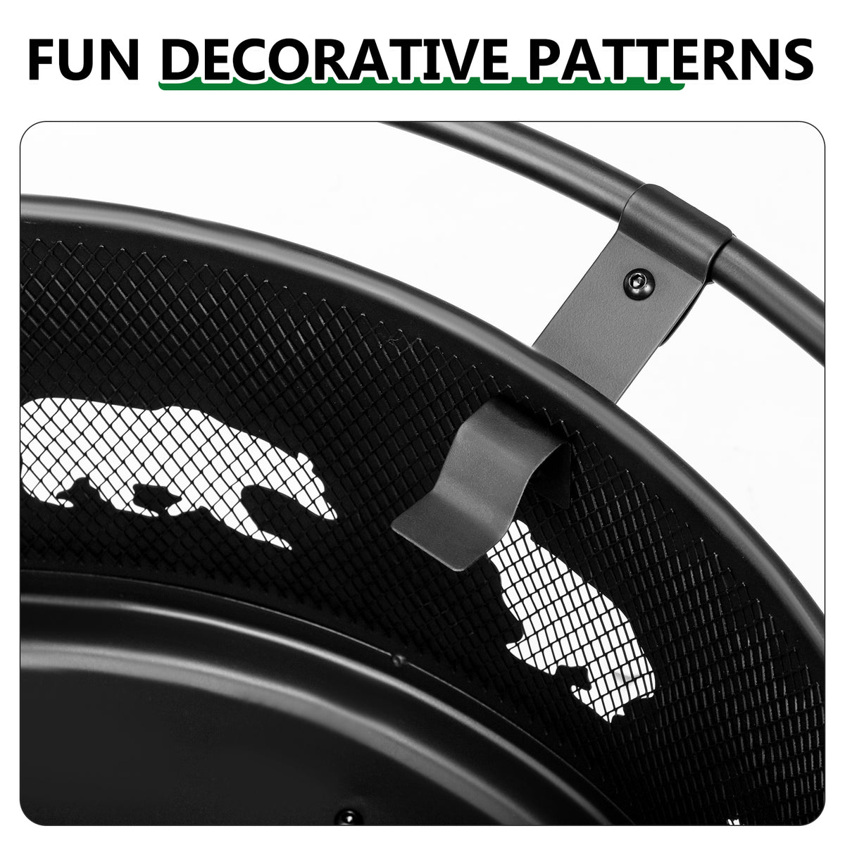 30 Inch Round Outdoor Wood Burning Fire Pit, Heavy Duty Wrought Iron Firepit with Hinged Spark Screen Lid & Lift Ring, Decorative Bear Cutout Patio Fire Pit for Backyard, Garden, Lawn and Camping, Bla — view 6