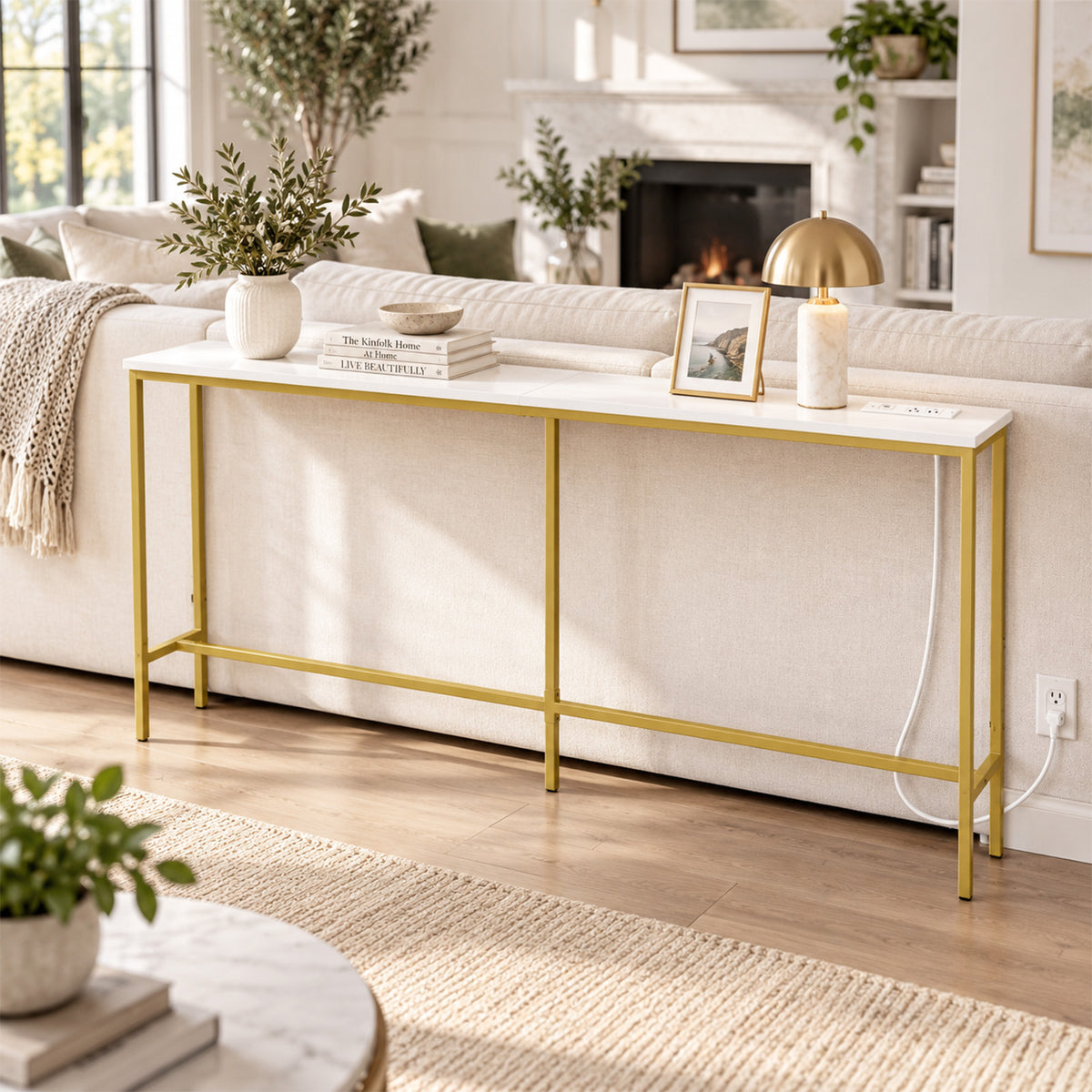 62.99"x7.87"x31.10" Console Table, MDF with Melamine Veneer & Iron Frame, with Power Outlet, White & Gold — view 5