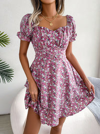 Floral Shirred Mini Dress — Short Sleeve Loose Hem Swing Dress