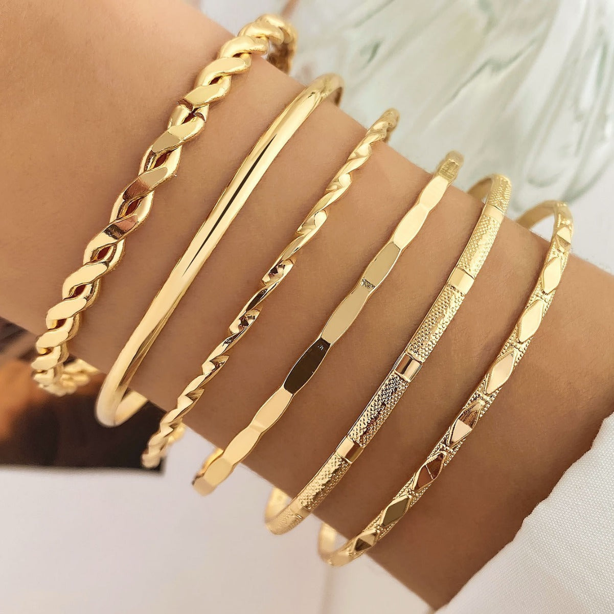 Bohemian Gold Chain Bracelet Set – Geometric Thick Link Bangles