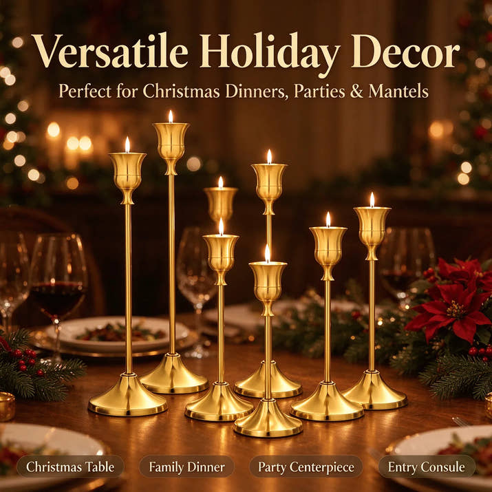 Copper Finish Christmas Candle Holders Set of 6, Mixed Height 16-22cm Metal Cup Candlesticks, Layered Tabletop Centerpiece for Holiday Dinner Decor