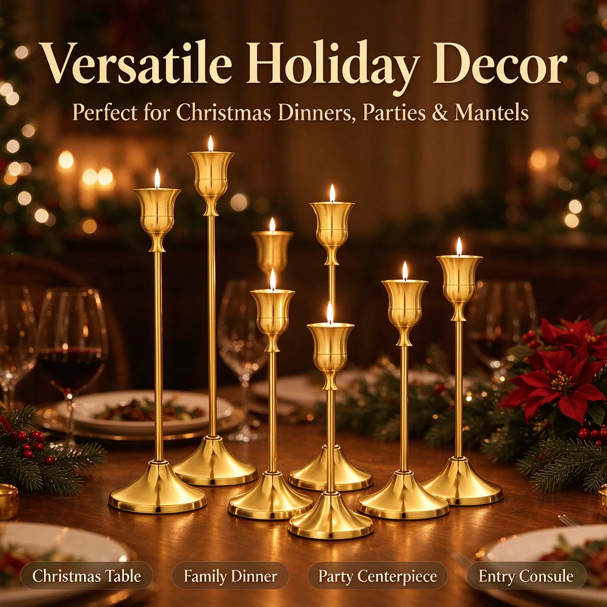 Copper Finish Christmas Candle Holders Set of 6, Mixed Height 16-22cm Metal Cup Candlesticks, Layered Tabletop Centerpiece for Holiday Dinner Decor