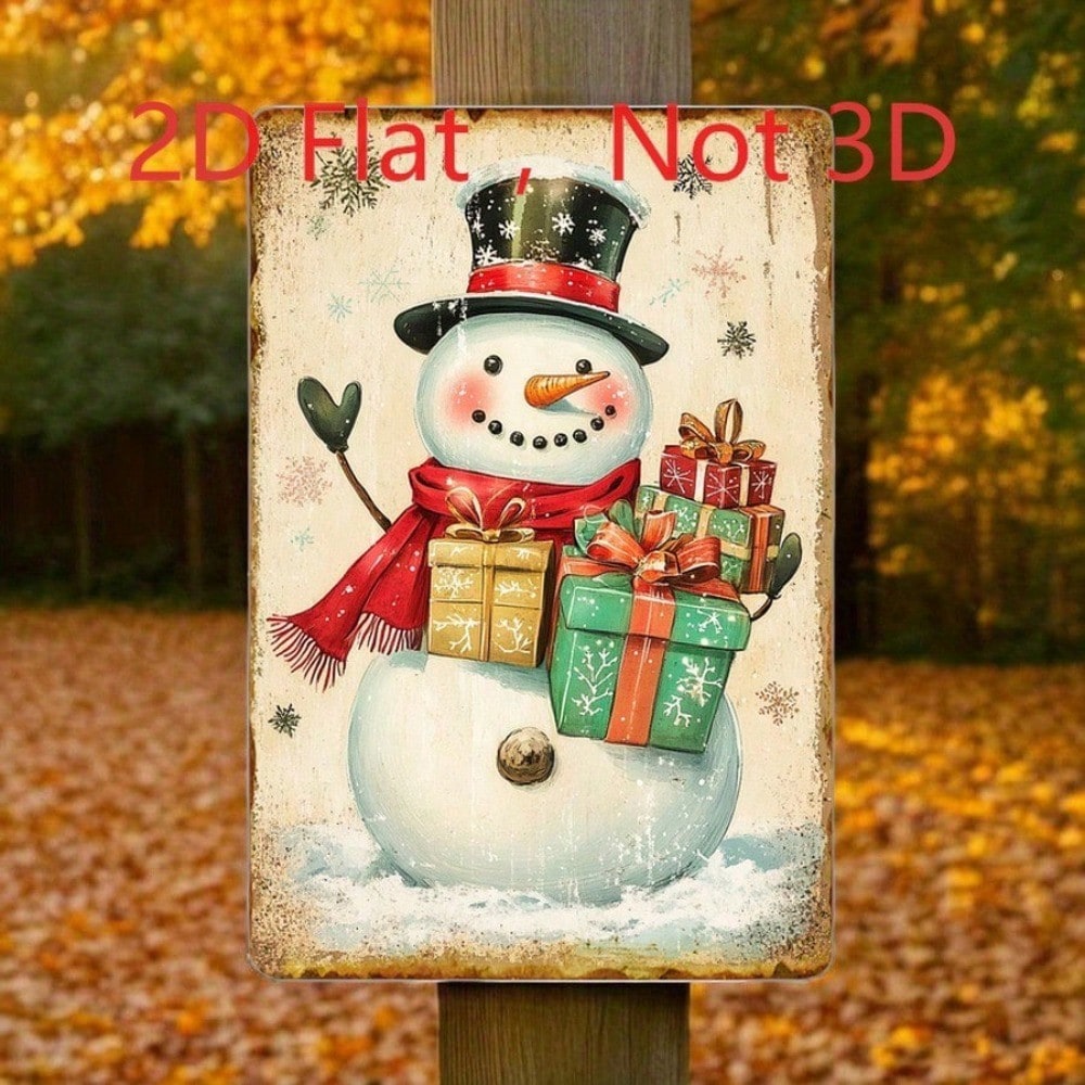 Vintage Christmas Snowman With Gifts 2D Flat Tin Sign, Retro Metal Wall Art — view 3