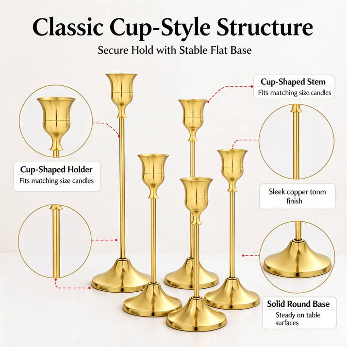 Copper Finish Christmas Candle Holders Set of 6, Mixed Height 16-22cm Metal Cup Candlesticks, Layered Tabletop Centerpiece for Holiday Dinner Decor — view 4