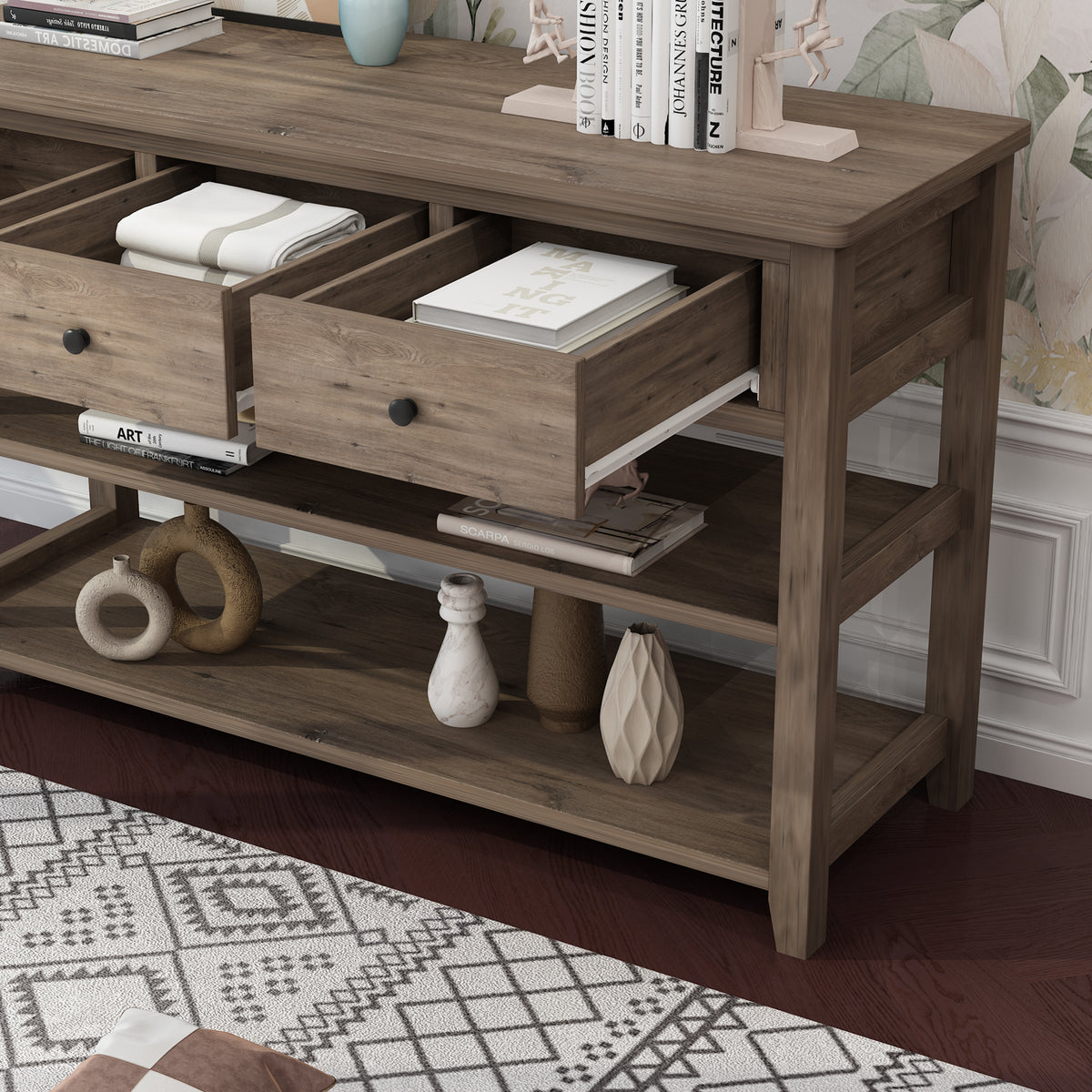 Console Table with Wood Frame and Legs, Sofa Table Entryway Table with 3 Drawers and 2 Open Shelves Wash Gray — view 4