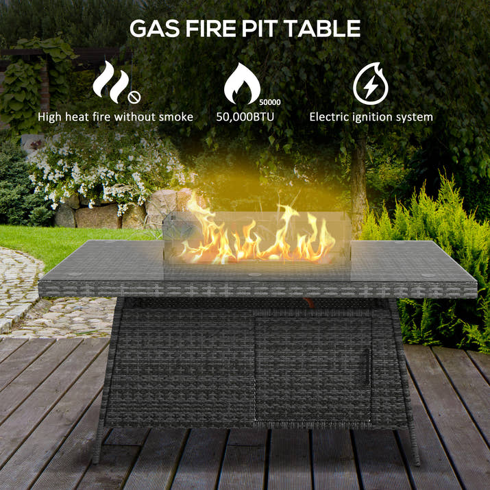 7 Pieces Outdoor Rattan Garden Furniture With Fire Pit Table,6 Seater Garden Table And Chairs With Cushions,Rattan Dining Set With Propane Heater Table,Windscreen,50,000 BTU,Grey — view 6