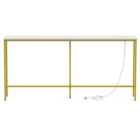 62.99"x7.87"x31.10" Console Table, MDF with Melamine Veneer & Iron Frame, with Power Outlet, White & Gold