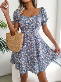 Floral Shirred Mini Dress — Short Sleeve Loose Hem Swing Dress